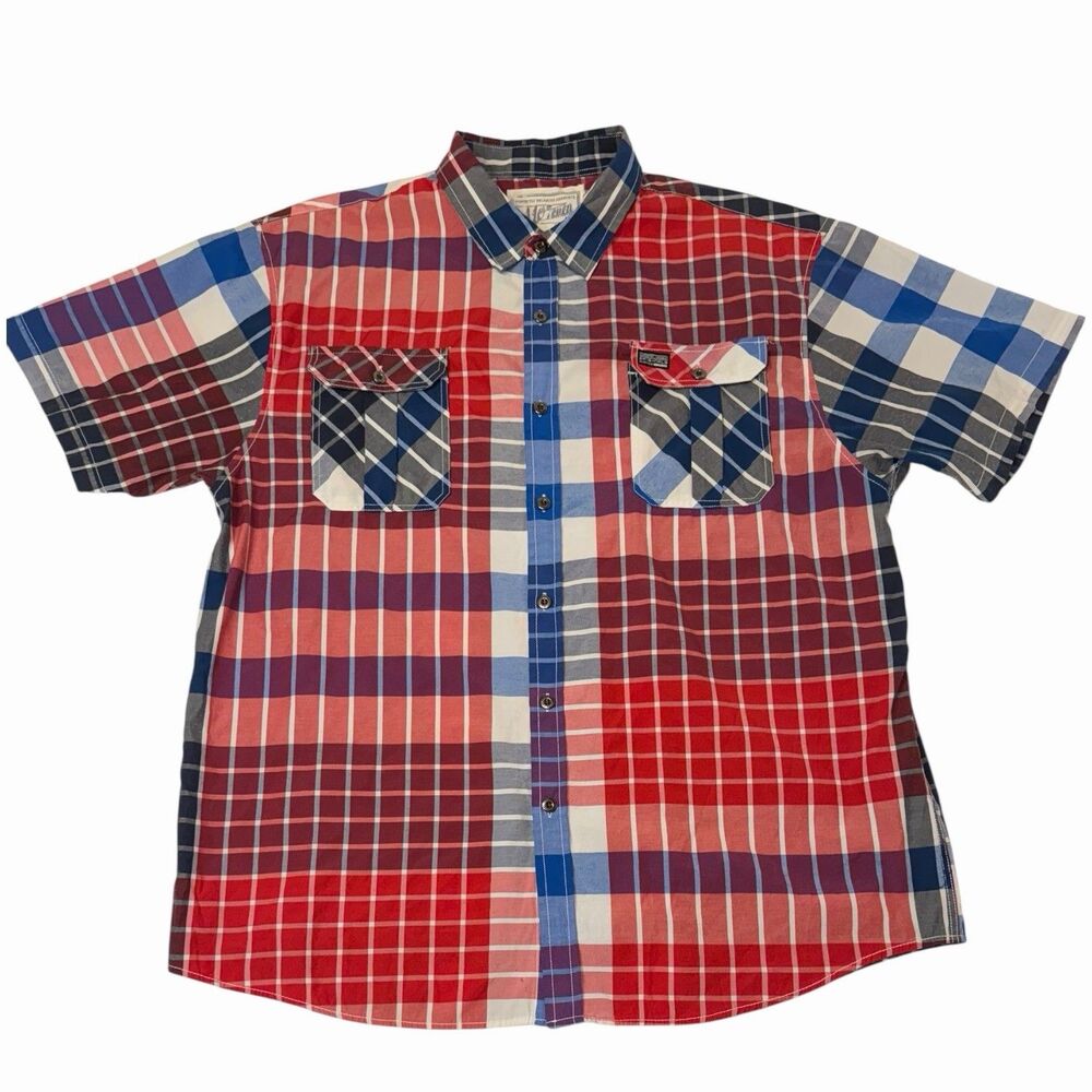 Plaid Button Up Shirt Patchwork Short Sleeve Dual… - image 1
